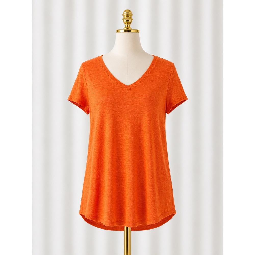 Eileen Fisher Organic Linen V-Neck Knit Tee Top Orange Womens Size Small